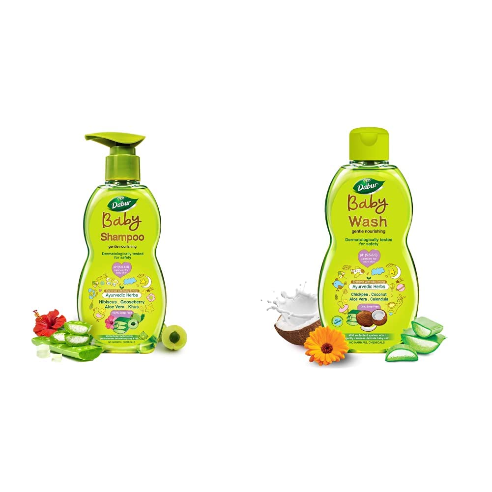 Dabur Baby Shampoo - 500ml + Dabur Baby Wash - 200ml | Gentle Nourishing Baby Shampoo & Baby Wash Enriched With Baby Loving Ayurvedic herbs