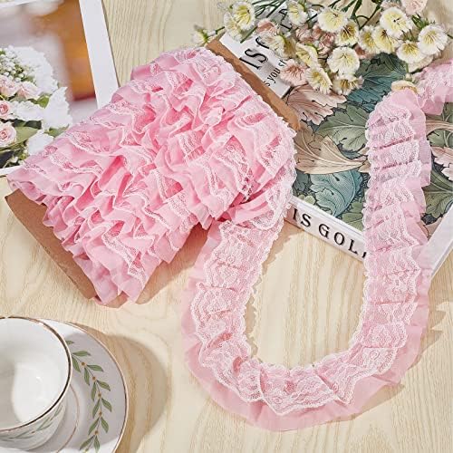 GORGECRAFT 11Yds/10m Double-Layer Pleated Chiffon Lace Edge Trim 2 Inch Wide Pink 2-Layer Gathered Ruffle Mesh Organza Trim Edging Tulle Trimmings Fabric Ribbon for DIY Sewing Crafts Embellishments
