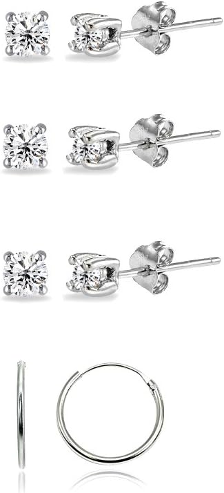 Set of 4 Pairs Sterling Silver 2mm Round CZ Studs and 10mm Endless Hoops Unisex Cartilage Earrings