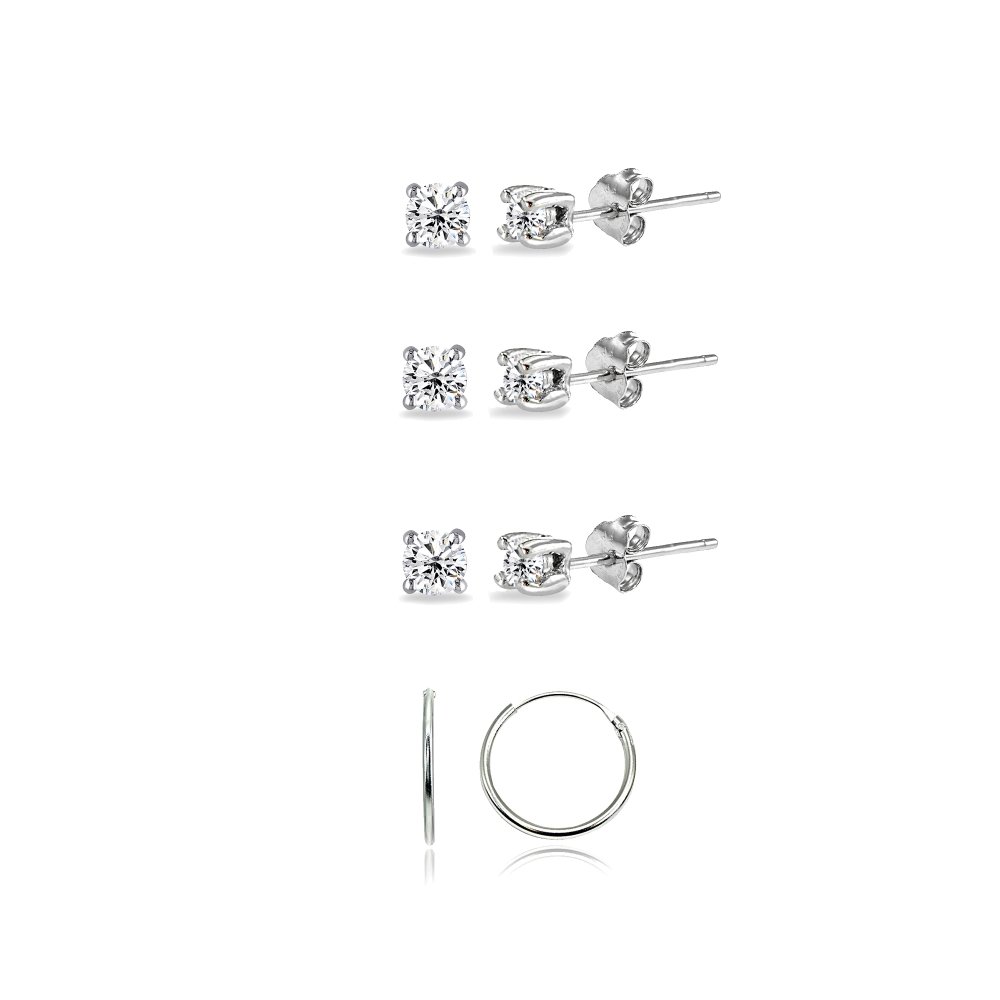 Set of 4 Pairs Sterling Silver 2mm Round CZ Studs and 10mm Endless Hoops Unisex Cartilage Earrings