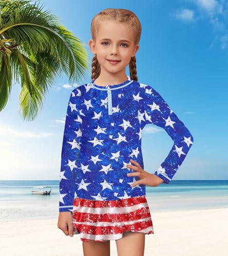 Image of Girls Rash Guard Set Two Pieces Printed Zipper Swimsuit Skirt with Shorts 3-12T