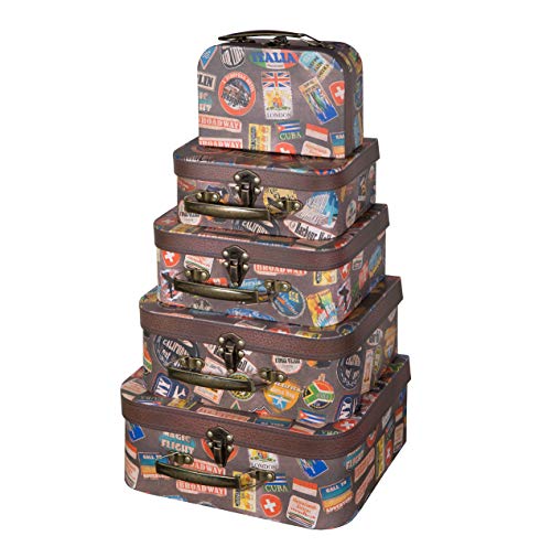 Paperboard Suitcases With Hinged Lids And Handles - Set Of 5 - Decorative Luggage Box, Vintage Photo Prop, Paper Mache Nesting Storage - Decor For Wedding & Travel Themed Party #TOP16