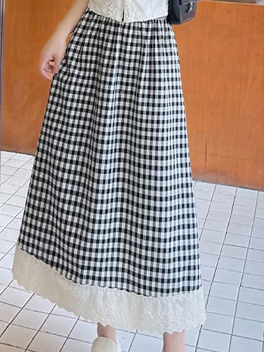 Women's High Waist Casual Plaid Gingham Skirt Lace Eyelet Ruffle Hem A Line Maxi Skirt4