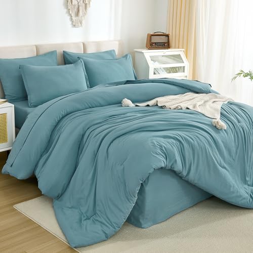 Litanika King Size Comforter Set Grayish Teal - 7 Pieces Bed in a Bag King Bedding Comforter Sets, Solid Lightweight Bed Set with Comforter, Sheets, Pillowcases & Shams
