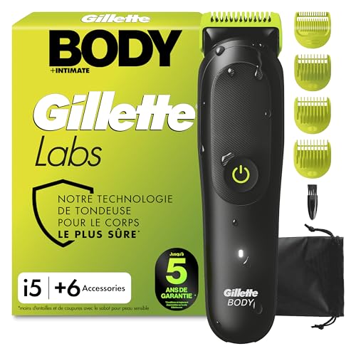 Gillette Labs Body + Intimate Tondeuse Homme i5, Tondeuse Corps et Zone Intime, Étanche, Dotée de la Technologie SkinFirst, Coffret Homme avec 3 Sabots, Batterie Rechargeable Incluse