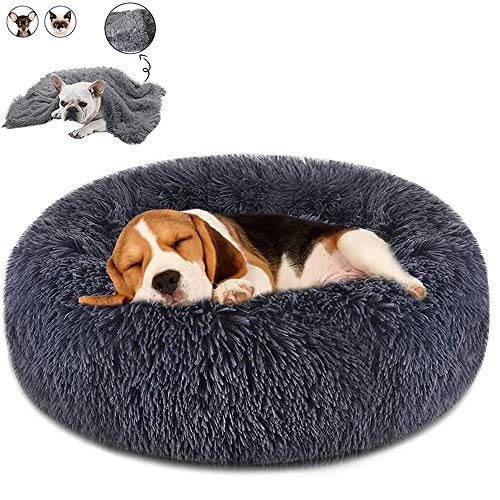 Cama redonda para perros de Boehner, de felpa suave, lavable y calentita, cómoda para dormir en invierno (Donut Pet Bed), Gris oscuro., 100 cm