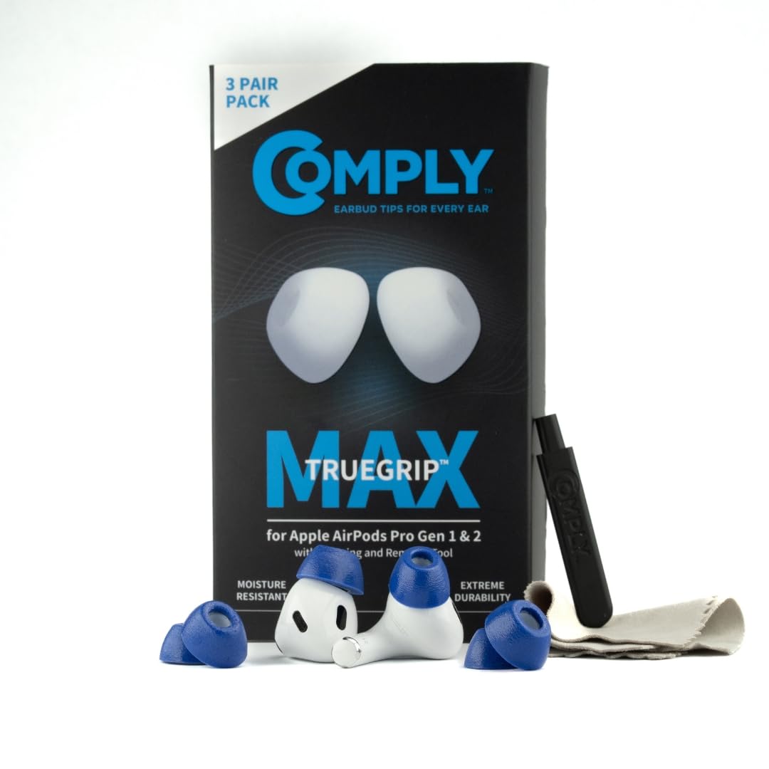 Comply TrueGrip MAX | Premium Memory Foam Replacement Earbud Tips for Apple AirPods Pro 1 & 2 | Long Lasting Comfort, MAX Durability, Secure Fit, Superior Noise Isolation| Blue (S/M/L) (3 Pairs)