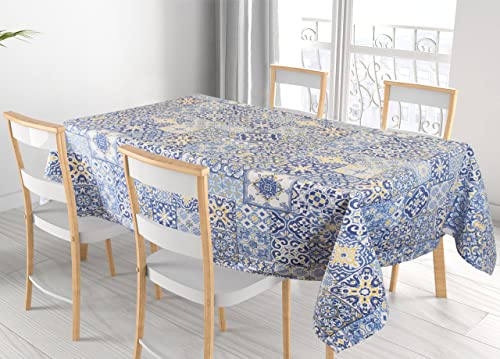 ELEGANTE - La Tovaglia Copritavolo Ha Una Moderna Ed Innovativa Fantasia Maiolica Blu Piastrelle Amalfi. Protegge Il Tavolo Da Macchie E Polvere Dando Un Tocco Di Colore Alla Stanza; Adatta Per Uso Quotidiano E Non Solo, La Tovaglia Rettangolare Misura 140x240 cm