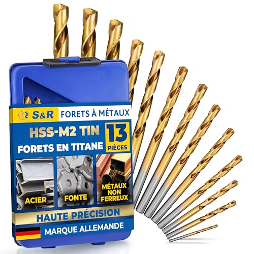 S&R Forets à métaux HSS Titane 1,5-6,5 mm, angle 135 °, Set de 13 pièces, DIN 338, coffret métal. Qualité Professionnelle