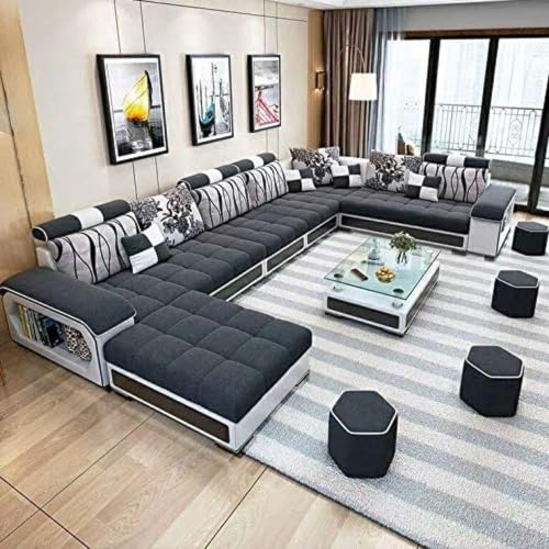 Image of Torque Silvester 12 Seater Sofa Set for Living Room (Black) | Interchangeable U Shape Sectional Sofa | Solid Wood Frame & High-Density Supersoft Foam | Includes Puffy & Stool | Modern Home Furniture