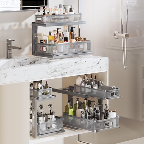 Image of 2 Pack 18.5IN-Depth Under Sink Organizer With Next-Gen Ball-Bearing Slides,2-Tier Precision Mesh Pull Out Cabinet Storage for Bathroom&Kitchen,Height Adjustable Drawers Shelf,Anti-rust-Grey