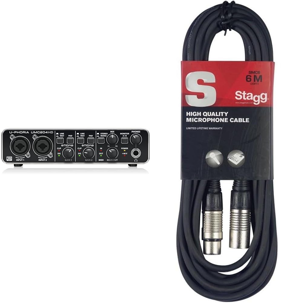 Behringer U-PHORIA UMC204HD Audiophile 2x4, interfaz de audio/MIDI USB de 24 bits/192 kHz & Stagg Cable de micrófono a mezclador Stagg SMC6 XLR (m) -XLR (f) de 6 metros de largo, negro
