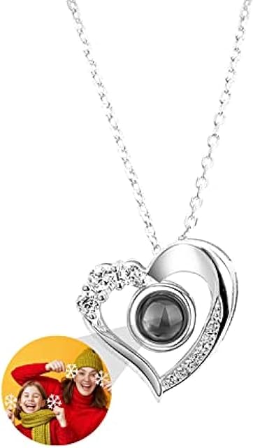GFEI Shiny Personalized Custom Photo I Love You Necklace Silver Rose Gold 100 Languages Projection Pendant Jewelry Gift for Mom Women Wife Mother's Day Necklace,Silver black and white