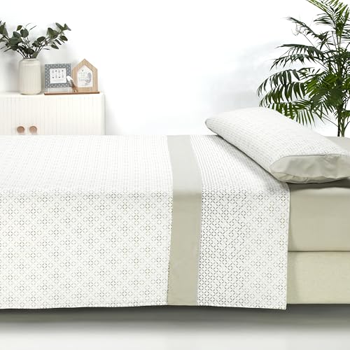 Sábanas 90x190 - Juego de Sábanas 3 Piezas - Algodón y Poliéster - Sábana Bajera Ajustable hasta 30 cm, Encimera y Funda Almohada - Ropa de Cama Estampada Suave y Transpirable (Zuri Beige)