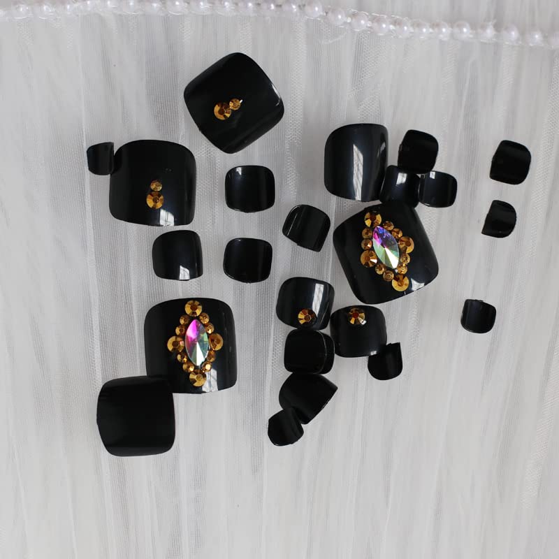 ZYBUXY 24pcs black press on toenails for Toe Chic Exquisite Bling Rhinstones Bridal Fake Nail for Toes Full Cover Nail Tips Foot Nails
