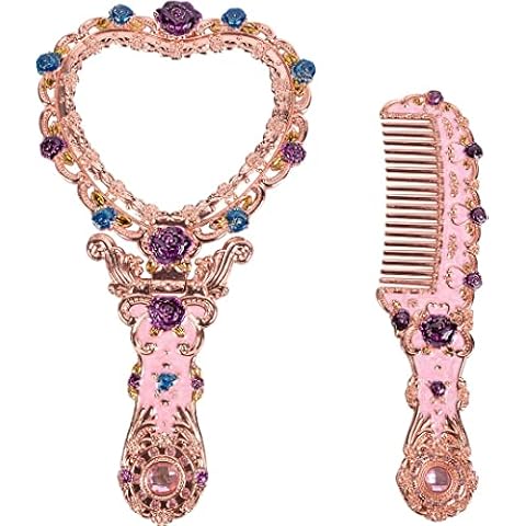 Nerien Antique Mirror Comb Set Vintage Metal Handheld Mirror Heart Shape Embossed Rose Hand Mirror with Comb Antique-Style Russian Style Mirror with Handle Travel Portable Foldable Makeup Mirror Pink Cover