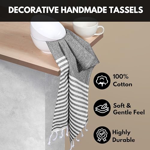 Image of Turkish Kitchen Towels 18x26 Inches with Tassels - 4 Pack - Absorbent, Durable, Soft 100% Cotton Dish Towels for Drying & Cleaning - Machine Washable, Quick Dry - Black