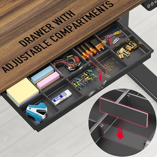 Image of SHW 55 x 28 Inches Electric Height Adjustable Standing Desk with Drawer and Memory Preset, Walnut