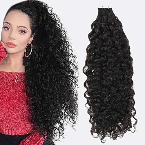 Tape in Hair Extensions Human Hair Natural Black Tape in Curly Hair Extensions Black Tape Extensions Real Human Hair Curly Tape on Black Hair Extensions Curly Tape Extension Black 50g 20Pcs 14”