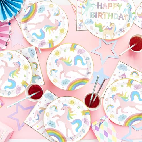 Image of Greencian 96Pcs Magical Pastel Unicorn Party Decorations Serves 24 | Rainbow Unicorn Birthday Plates and Napkins Tableware Sets for Girls Baby Shower Birthday Party Supplies