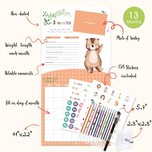 Baby's First Year Calendar with Stickers - 1st Year Tracker and Memory Book for Girls and Boys - Document and Cherish Milestones with Pocket and Drill Free Adhesive Hook