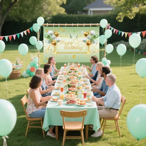 Image of Green Happy Birthday Banner Birthday Backdrop for Girls Women 71 x 43 Inch Greenery Gold Party Photograph Backdrop Decoration Supplies