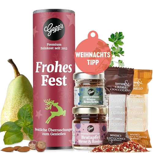 Gepp’s Feinkost Weihnachts-Geschenk „Mini Frohes Fest“ I Geschenkset Weihnachten mit winterlich-süßen Delikatessen I Mit Bratapfel Konfitüre, Winter...