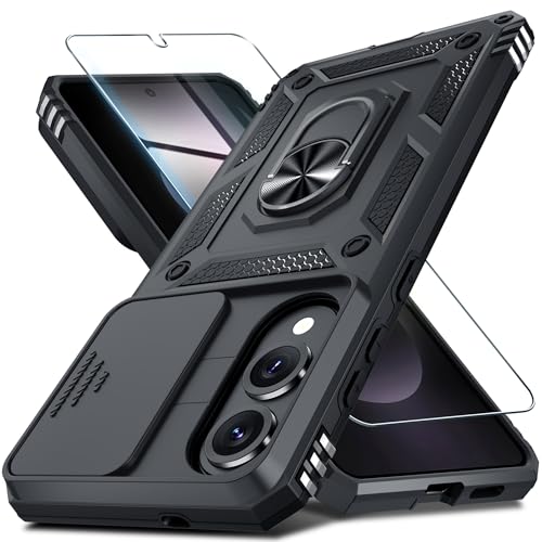 Janmitta Compatible with Samsung Galaxy S25 Edge Case Built in Slide Camera Lens Cover+Screen Protector+Finger Ring Holder Kickstand,Heavy Duty Shockproof Full Body Phone Cover,2025 Black