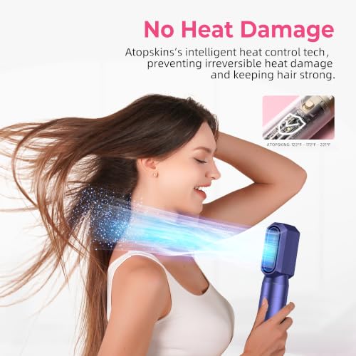 Image of Atopskins 6 in 1 Hair Dryer Brush Hot Air Styler Detachable for Travel, Blow Dryer 3 Heat Settings to Straighten, Auto Curl, Volumize Home Salon Results Frizz-Free Shine All Hair Types - Blue