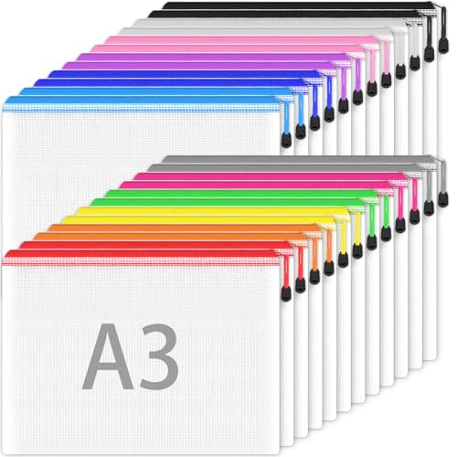 A3 Kunststoff Zip Wallets - 24PCS A3 Kunststoff-Ordner Brieftaschen Dokument Ordner Zip Lock Taschen Mesh Zipper Taschen für Schule Büro Reise Lagerung (12 Farbe)