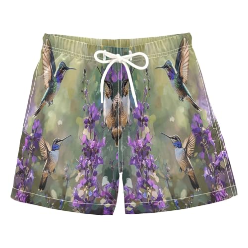Jucciaco Boys Beach Board Shorts Hummingbird Cool Flower Quick Dry Swim Trunk Swimwear for Kids