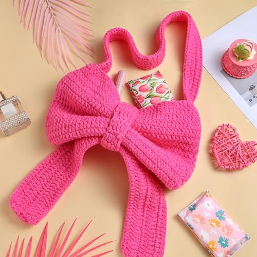 Aliceset Crochet Bow Bag Bright Pink Coquette Beach Tote Bag for Women Cute Aesthetic Knitted Shoulder Handbag Travel Photo Props Gift for Girls Bow Lovers4