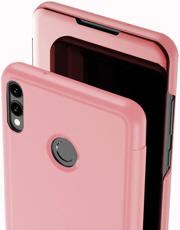 Pengflying For Huawei P30 Lite Case Cover Clear View Mirror PU Leather Flip Stand Bumper Anti-Scratch Kickstand (Rose Gold)