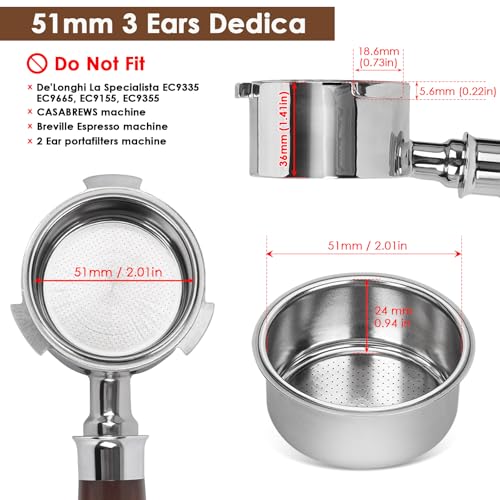 Image of 51mm Bottomless Portafilter 3 Ears, YMWVH Professional Espresso Portafilter 51mm for De-longhi EC680, EC685 & EC885 Espresso Machine, Stainless Steel Basket and Blackwood Handle