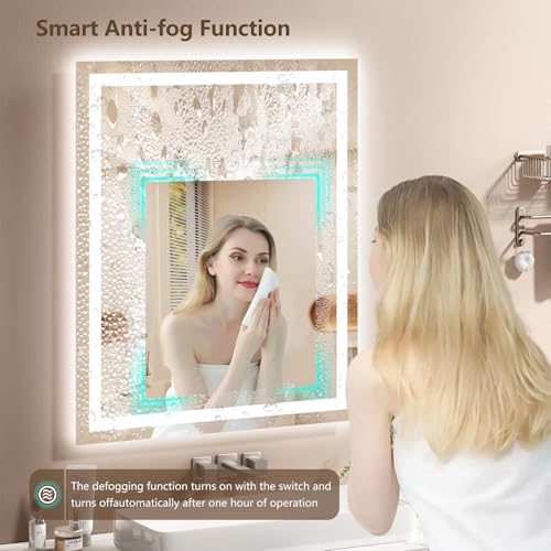 Image of 24x30 LED Bathroom Mirror with Lights - Dimmable, Anti-Fog, 3 Color Backlit & Front Lit Mirror for Bathroom, Shatter-Proof Tempered Glass, Easy Installation