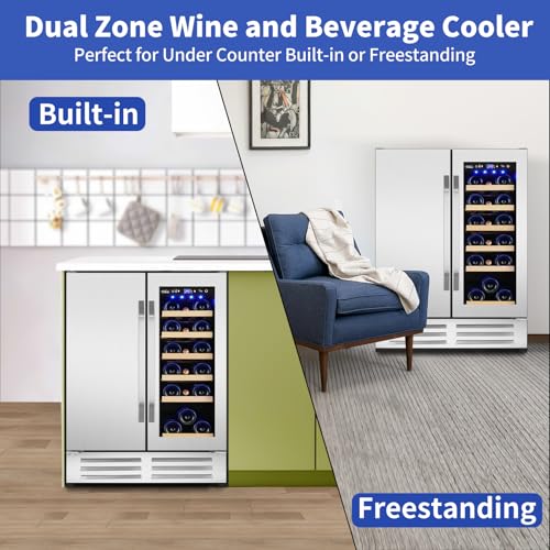 Image of 24 Inch Wine and Beverage Refrigerator, Dual Zone Wine Beverage Cooler, Built-in /Freestanding Beer and Wine Fridge with a Powerful Compressor, 20 Bottles and 88 Cans Capacity