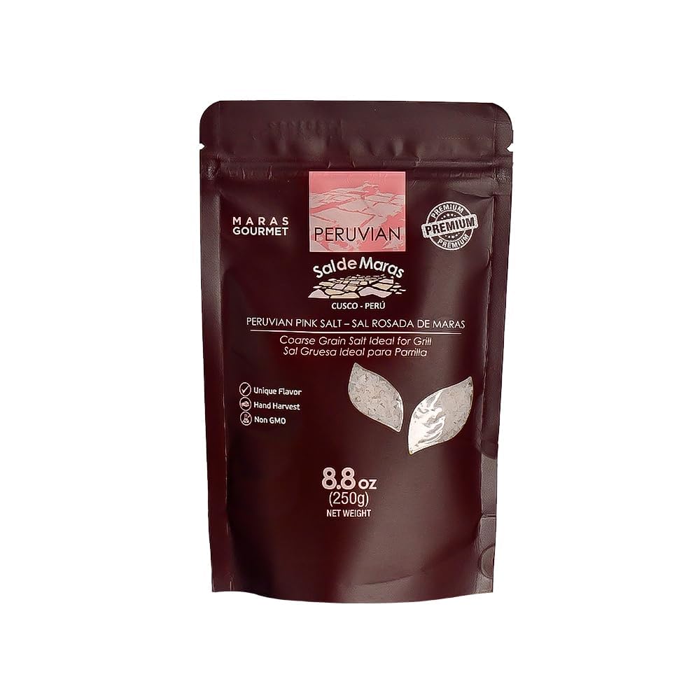 MARAS GOURMET Peruvian Pink Salt - Coarse Grain, Organic Mineral Salt Hand-Harvested from Maras Salt Mines | Gourmet Coarse Salt for Grinder & Grill| 8.8 oz. (250g) Pouch.
