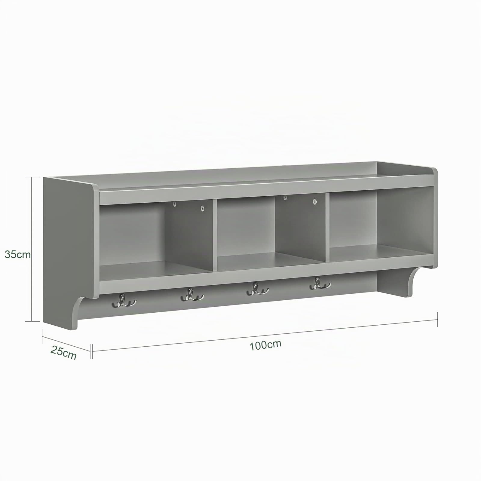 SoBuy Appendini da parete con 3 cesti 100x25x35cm per ingresso | Mensola pensile con 3 compartimenti e 4 ganci in metallo, MDF E1, carico 25kg, grigio chiaro FHK28-HG