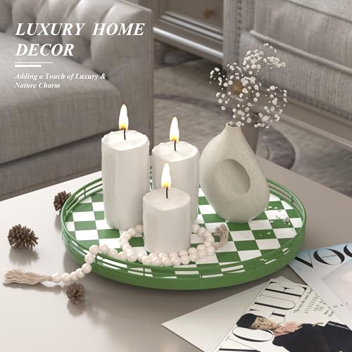 Image of Premium Rubber Wood Lazy Susan Turntable, Green White Checkerboard Decorative Serving Tray, Hand-Welded Metal Railing, Stable Rotating Organizer for Dining Table, Kitchen Counter, Coffee Table Decor