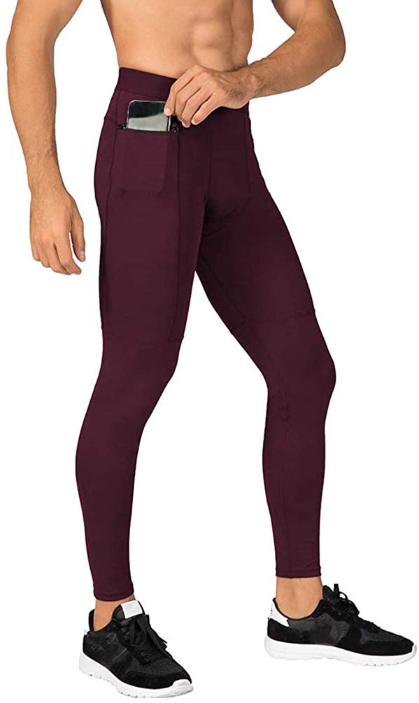 Makingda Men's Red Jogger Sports Compression Pants, Workout Active Running Tights Leggings, Cool Dry Technical Training Baselayer Cycling Yoga With Zip Pocket（Red，M）