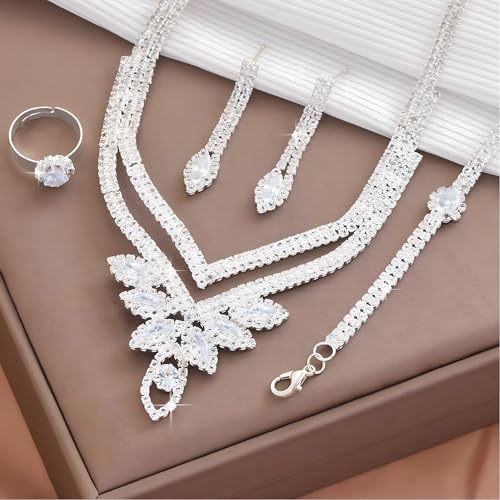 Pulsera y pendientes de boda con juego de joyas de cristal y collar de 38 cm 5