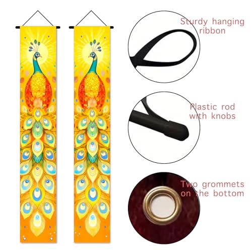Image of Nuxovilar Peacock Outside Front Door Banners 12x71 Inches Polyester | Tropical Porch Sign, Hanging Decor Elegant Animal Banner, Feather Peacock Accent Patio, Porch, Entryway (Peacock Art)