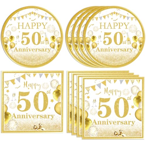 40 PCS Golden Birthday Party Decorations 50th Theme Birthday Party Decorations Tableware set Include Paper Plates Napkins for Cheers to 50 Years Wedding Party Supplies