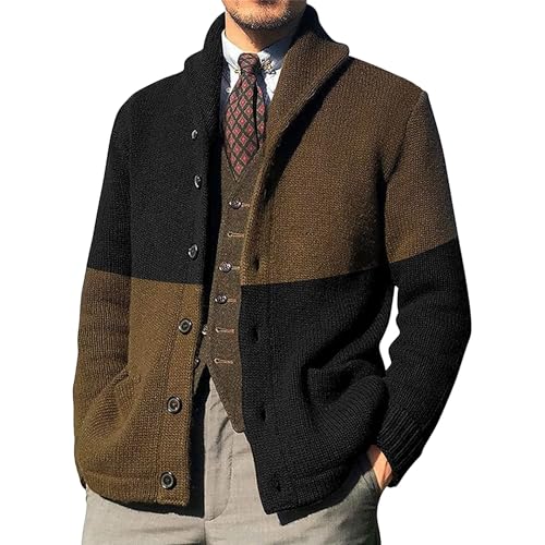Mens Color Block Cardigan Sweaters Shawl Collar Button Down Cardigans with Pockets Casual Knitted Sweater Outerwear