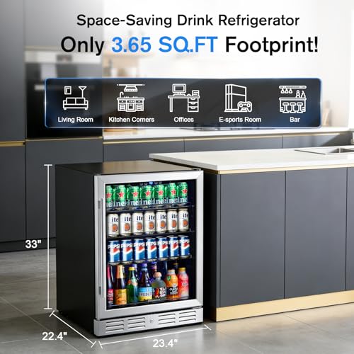Image of Kalamera 24 Inch Beverage Refrigerator, 164 Cans Under Counter Mini Fridge | Beverage Cooler, Built-in / Freestanding Drink Fridge with Glass Door & Adjustable Shelves for Home Kitchen Office Bar