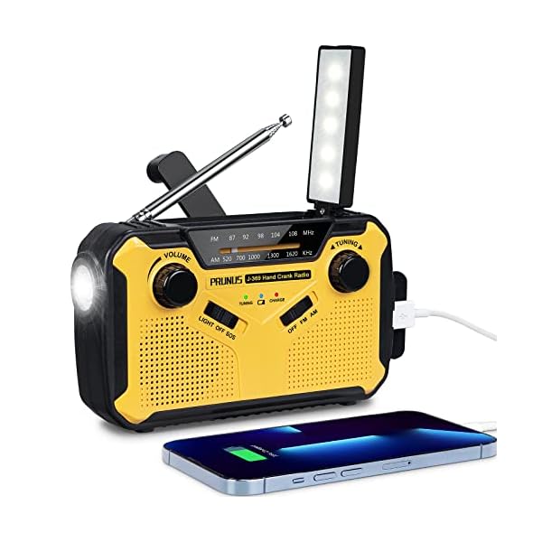 PRUNUS J-369 Radio op zonne-energie, zwengel voor noodgevallen, FM/AM-radio, werkt op batterijen, noodradio met 3000 mAh powerbank, SOS-alarm, zaklamp en leeslamp voor camping, outdoor, noodgevallen.