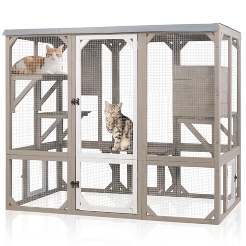 Large Catio Outdoor Cat Enclosure Window Access Wooden Kitty Cage with Resting Room & 3 Platforms for Multiple Feral Cats Cat House Attached to Window Pets Door for Patio Indoor