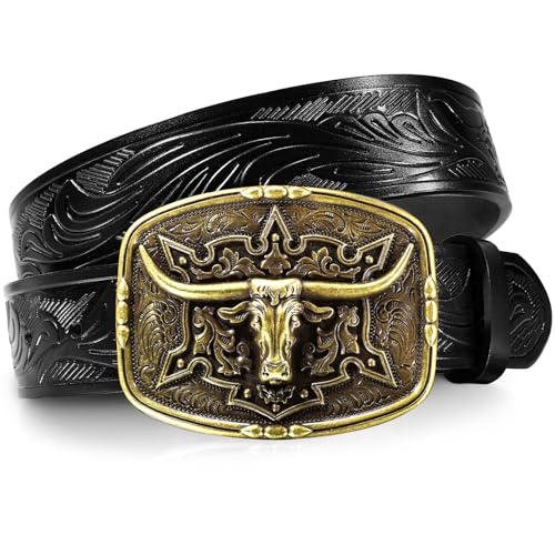 Western Belt Cowboy Belts for Men Women, Cowboy Belt Bull Buckle with Printed Engraved, Western Leather Belts