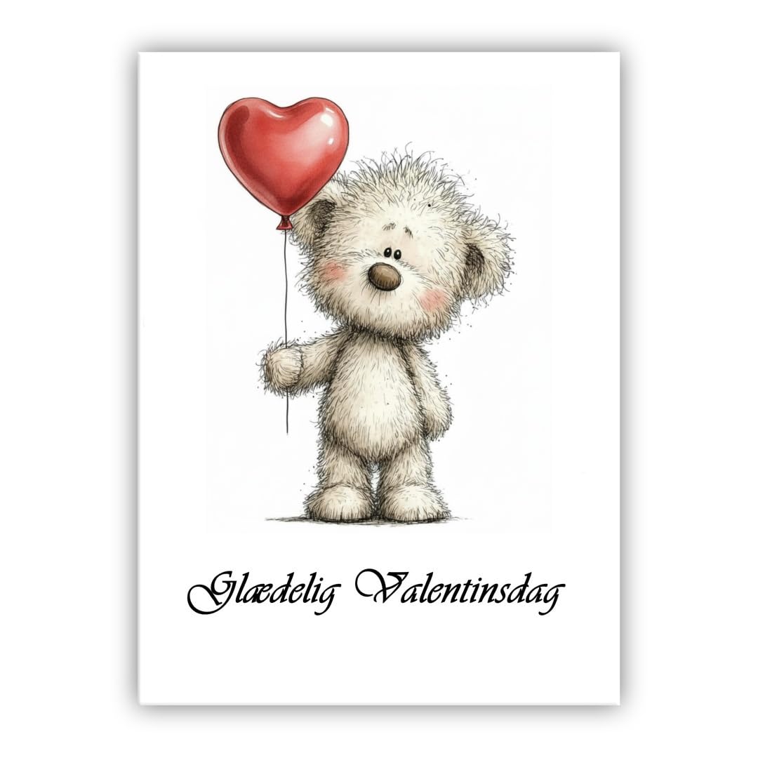 Multilingual Valentine’s Day Card – Cute Bear with Balloon – Romantic Greeting Card for Husband, Wife, Boyfriend, Girlfriend (• Danish: Glædelig Valentinsdag)