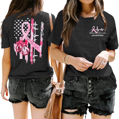 Women Breast Cancer Awareness Shirts: Pink Ribbon Cure Cancer Awareness T-Shirt - Inspirational Fight Boxing Tee Top3